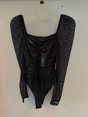 Lulu's Black Ruched Mesh Long-Sleeve Bodysuit with Square Neck NWT